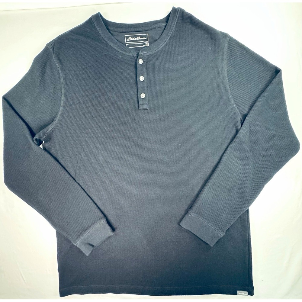 Eddie Bauer Men's XLT Black Solid Waffle Knit Henley Long Sleeve Button Tee